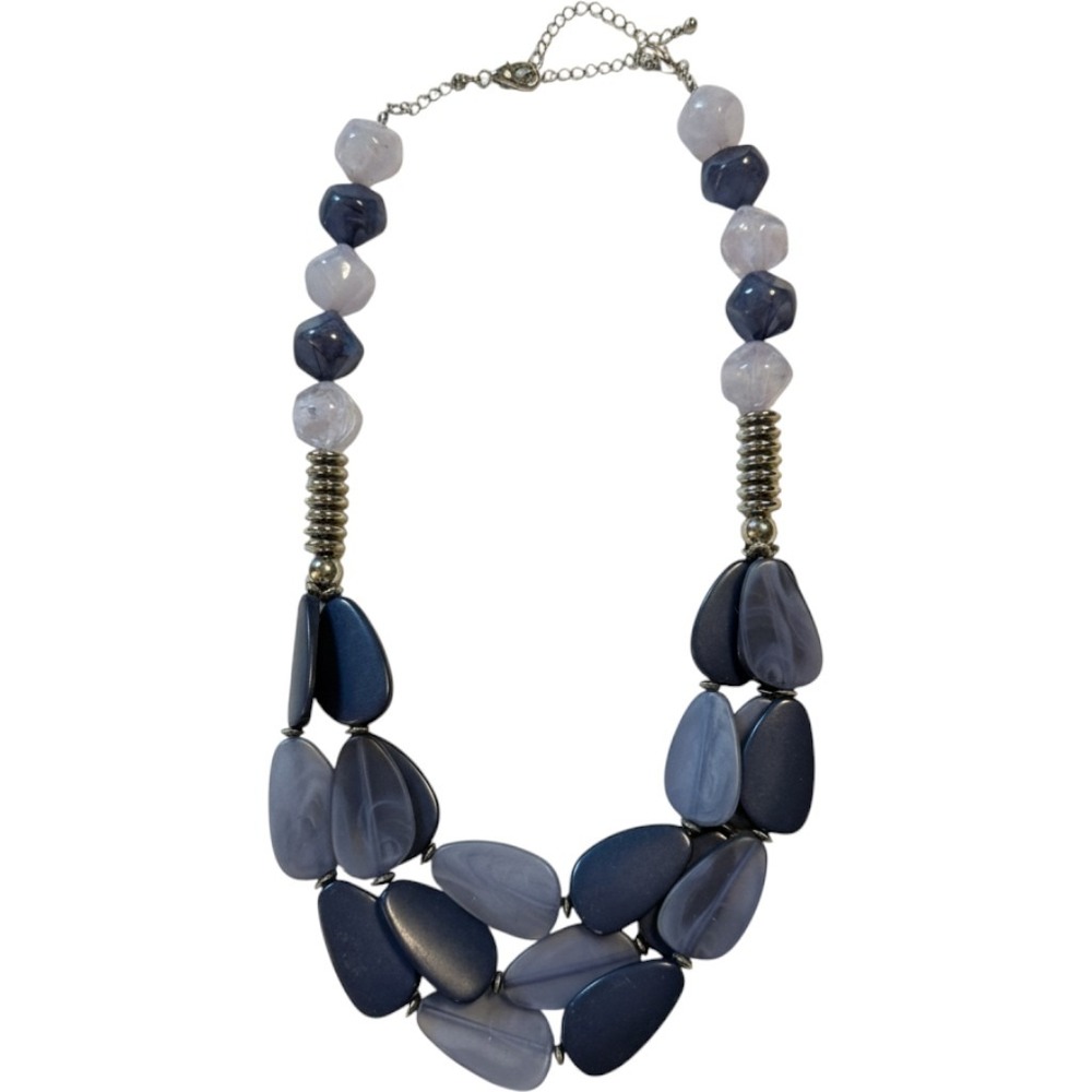 Navy Blue Marbled Resin Statement Bib Necklace Silver Tone Adjustable Chunky